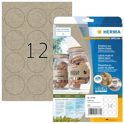 Abbildung von HERMA 10762 Universal Etiketten aus Graspapier rund, 20 Blatt, Ø 60 mm, 12 pro A4 Bogen, 240 Stück, selbstklebend, bedruckbar, matt, blanko Klebeetiketten Silphie Papier, natur braun