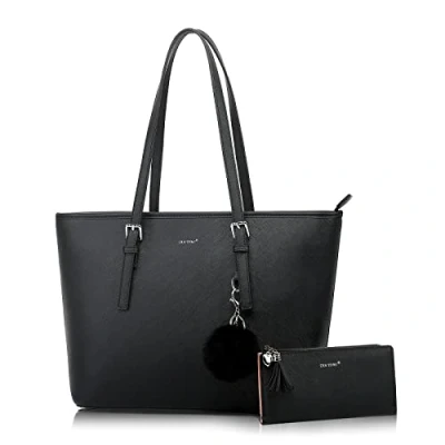Abbildung von TAN.TOMI Handtasche Damen Set Schwarz Tasche Mit Geldbörse für Büro Schule Einkauf Groß Quasten und Pelz Kugel Plüsch Schlüsselring.