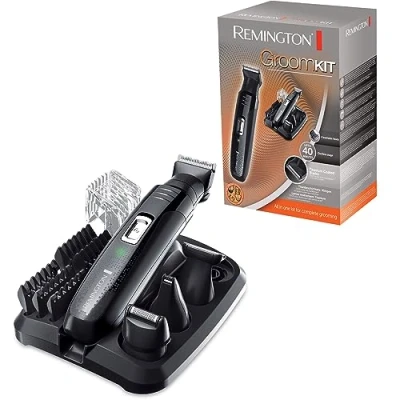 Abbildung von Remington GroomKit PG6130, Stylingset für Gesichts und Körperhaare, 4 abnehmbare Aufsteckköpfe, schwarz/grau