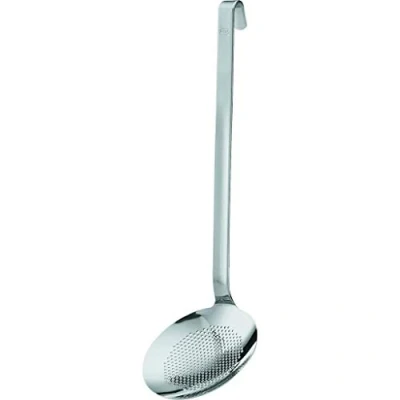 Abbildung von Rösle Haken Schaumlöffel flach fein gelocht, Hochwertiger Abseihlöffel mit Hakengriff, 12 cm, Edelstahl 18/10, Spülmaschinengeeignet