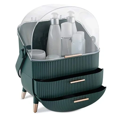 Abbildung von Navaris Make Up Organizer Aufbewahrung für Kosmetik Ordnungssystem mit 2 Schubladen tragbare Aufbewahrungsbox Bad oder Schminktisch Grün
