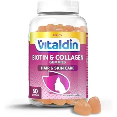 Abbildung von VITALDIN Biotin + Kollagen Gummies Beauty Nahrungsergänzung 2.500 mcg Biotin, Vitamin C &amp; E 60 Fruchtgummis (für 1 Monat), Zitrusgeschmack für den Erhalt normaler Haut und Haare Glutenfrei