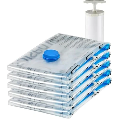 Abbildung von Amazon Basics Vakuumbeutel für Kleidung mit Luftdichtem Ventil und Handpumpe Mittelgroß, 5er Pack, Reißverschluss, Durchsichtig