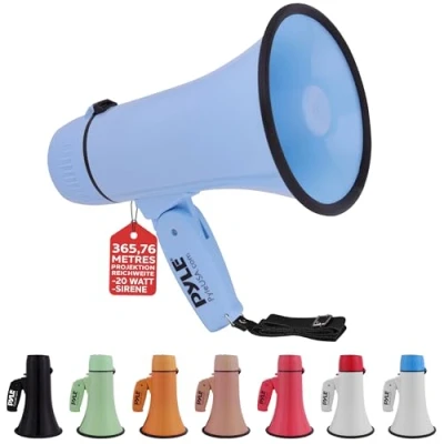 Abbildung von Pyle Megaphon mit Sirene &amp; Mikrofon, Signalhorn 20 Watt Lautsprecher, Schultergurt, Aufnahmefunktion Aux Anschluss, Mini Megafon Kinder Erwachsene, Robustes Tröte Faltbar für Indoor Outdoor