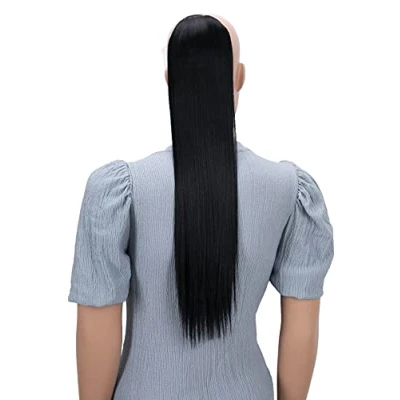 Abbildung von CAISHA 60cm Zopf mit 2 Bändern Pferdeschwanz Langhaar Extensions Haarverlängerung Haarteil Glatt Schwarz HC9