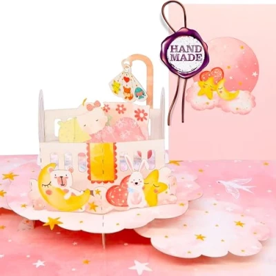 Abbildung von Liebessa 3D Pop Up Karte Gratulation zur Mädchen Geburt (Baby), Glückwunschkarte Tochter, Geburtskarte Mädchengeburt, Taufe, Handgemachte Babykarte Rosa Wiege