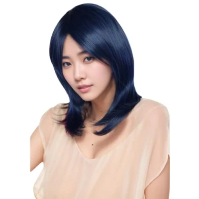 Abbildung von Prettyland blau schwarz gesträhnte Mittellange Gestuft Glatte Schulterlange Pony Perücke Wig C1350