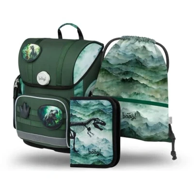 Abbildung von Baagl Schulranzen Jungen Mädchen Set 3 Teilig, Ergo Schultasche für 1. Klasse, Ergonomische Grundschule Ranzen Tornister mit Brustgurt (Dino)
