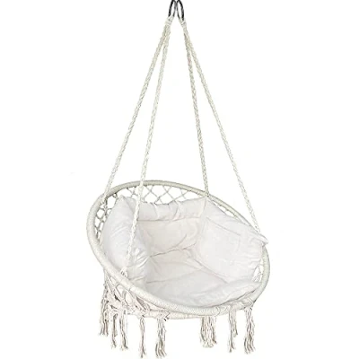 Abbildung von VOUNOT Hängesessel mit Bücherfach &amp; Kissen, Hängeschaukel Hängestuhl für Indoor Outdoor Garten, Ø Sitzfläche 80cm, Beige, X Large, 4853284765719