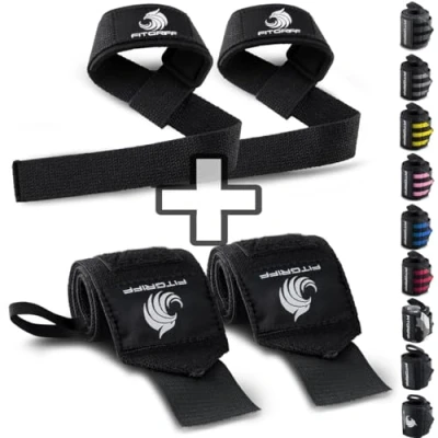 Abbildung von Fitgriff® Handgelenk Bandagen + Zughilfen (2er Set) für Krafttraining, Fitness, Bodybuilding, Gewichtheben, Gym, Kraftsport Frauen und Männer (Black Original)