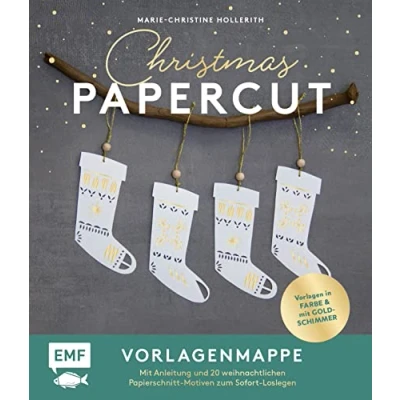 Abbildung von Set: Christmas Papercut Die Vorlagenmappe mit Anleitung und 20 weihnachtlichen Papierschnitt Motiven zum Sofort Loslegen: Ausgewählte Papiervorlagen in Farbe Goldschimmer