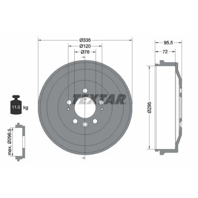 Abbildung von TEXTAR 94043900 Bremstrommel ohne Radlager, Radbefestigungsbolzen, Radnabe 335 VOLKSWAGEN: Amarok Pickup