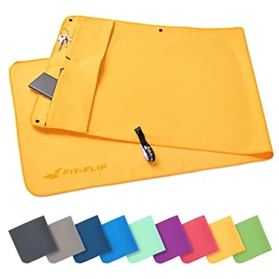 Abbildung von Fit Flip Fitness Handtuch mit Magnet und Reißverschluss Tasche Gym aus Mikrofaser für Sport Kompakt &amp; Schnelltrocknend Sporthandtuch Fitnessstudio Gelb 130x48cm