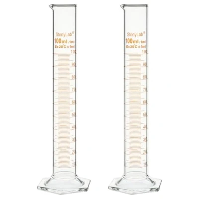 Abbildung von stonylab Messzylinder, 2er Pack B Klasse Borosilikat Glaszylinder mit Stabilem Sechskantfuß, 100 ml