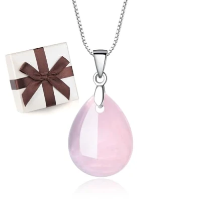Abbildung von COAI Geschenkideen 925 Sterling Silber Halskette aus Rosenquarz Träne der Engel und Wassertropfen Anhänger für Damen Mädchen