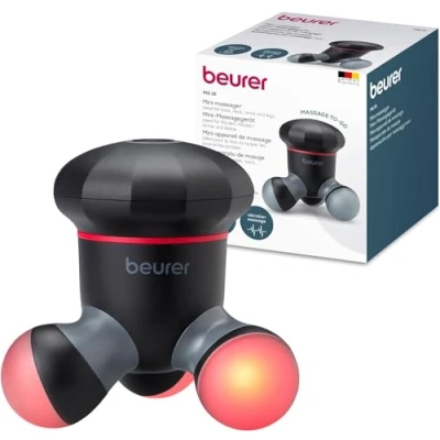 Abbildung von Beurer MG 18 Mini Massagegerät, elektrisches Handmassagegerät für sanfte Vibrationsmassage, ideal Rücken, Nacken, Arme und Beine, mit LED Licht, tragbar, schwarz