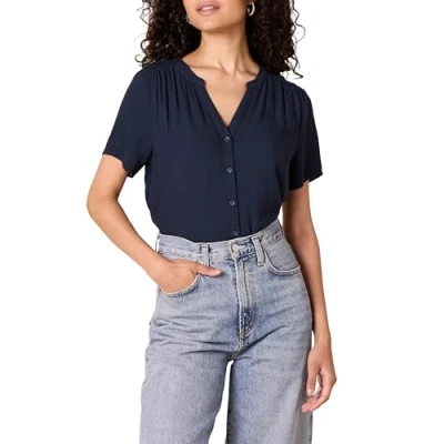 Abbildung von Amazon Essentials Damen Gewebte Kurzarmbluse, Marineblau, L