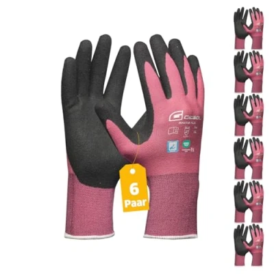 Abbildung von Gebol Master Flex Lady Arbeitshandschuhe mit PPU Nitril Beschichtung Nitrilhandschuhe dermatologisch getestet Gartenhandschuhe Grip für Damen Größe S (Gr 7) Rosa 6 Paar Multipack