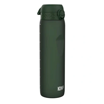 Abbildung von Ion8 1 Liter Trinkflasche, 1000ml, Auslaufsicher, Einhandöffnung, Sichere Verriegelung, Spülmaschinenfest, BPA frei, Tragegriff, Leicht zu Reinigen, Ideal für Sport und Fitnessstudio, Dunkelgrün