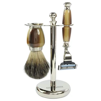 Abbildung von Golddachs Rasierset Galalith/silber, Kunsthorn/Messing Bestückung, 100% Dachshaar