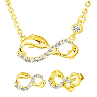 Abbildung von Yumilok Damen Schmuckset Halskette mit Delfin Unendlichkeit Liebe Zirkonia Anhänger &amp; Ohrstecker Ohrringe aus 925 Sterling Silber Gold