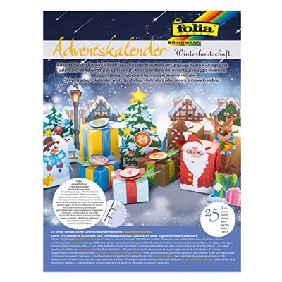 Abbildung von folia 9398 Adventskalender Bastelset Winterlandschaft, mit 24 vorgestanzten Geschenkschachteln aus stabilem Motivkarton, verschiedene Stanzteile und 200 3D Klebepads