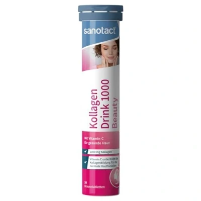 Abbildung von sanotact Kollagen Drink (20 Brausetabletten) Beauty mit 1000mg + Vitamin C Hochdosierter Collagen Komplex für Kollagenbildung Fruchtiger Pfirsich Geschmack