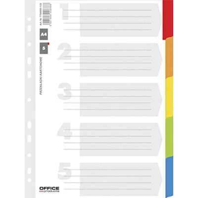 Abbildung von Office Products Trennblätter Karton Register 5 teilig/ + 1 Blatt Laminirten Farbigen Taben/Deckblatt mit Zahlenaufdruck/für DIN A4/ 11 fach gelocht/für die Ordner Organisation im Büro