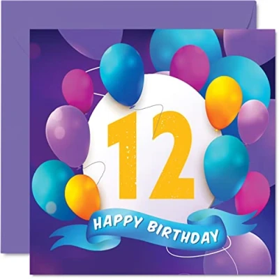 Abbildung von Geburtstagskarte zum 12. Geburtstag für Jungen und Mädchen Ballon Party Happy Birthday Cards 12 Jahre alte Jungen, Mädchen, Bruder, Schwester, Sohn, Tochter, Enkelin, Cousin, 145 mm x