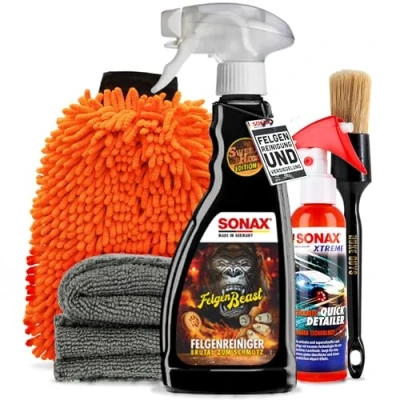 Abbildung von Felgenreinigung &amp; Versiegelung Set Sonax Felgenbeast Felgenreiniger 500ml Sonderedition + Xtreme Ceramic Quick Detailer 140ml Felgenpinsel Waschhandschuh