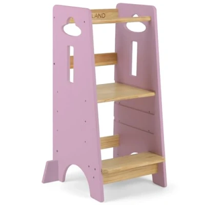 Abbildung von COSYLAND Lernturm ab 1 Jahr Höhenverstellbarer Learning Tower für Kinder (3 stufig) mit Kippschutz &amp; Massivholz（Holzfarbe