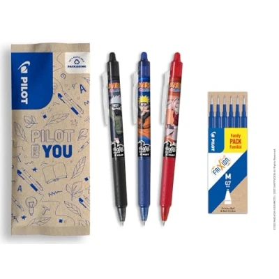 Abbildung von PILOT Naruto FriXion Ball Clicker, 3 Stück, Schwarz, Blau, Rot + 1 Set mit 6 blauen Ersatzminen, löschbarer Kugelschreiber, Shipudden Limited Edition, einziehbarer mittlere