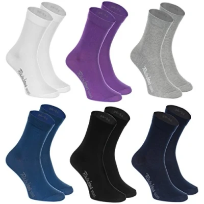 Abbildung von Rainbow Socks Damen Herren Klassische Bunte Baumwolle Socken 6 Paar Weiß Lila Grau Blau Marine Schwarz Größen 42 43