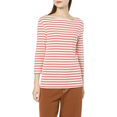 Abbildung von Amazon Essentials Damen Einfarbiges T Shirt mit U Boot Ausschnitt und 3/4 Ärmeln in schmaler Passform, Korallenorange Gebrochenes Weiß Streifen, M