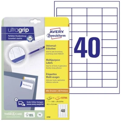 Abbildung von AVERY Zweckform 4780 Universal Etiketten (1.000 plus 200 Klebeetiketten extra, 48,5x25,4mm auf A4, Papier matt, individuell bedruckbar, selbstklebende Aufkleber mit ultragrip) 30 Blatt, weiß