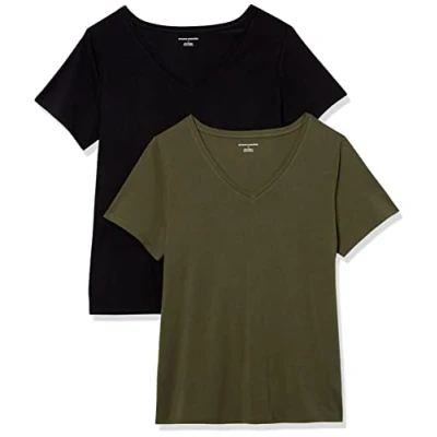 Abbildung von Amazon Essentials Damen Kurzärmeliges T Shirt mit V Ausschnitt (erhältlich in Übergröße), 2er Pack, Schwarz/Olivgrün, 3XL Große Größen