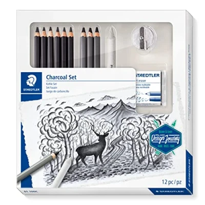 Abbildung von STAEDTLER Kohle Set, Komplett Set mit 3 Kohlestiften, 5 Premium Künstlerbleistiften, 1 Papierwischer, knetbarer Künstler Radierer, Spitzer und Step by Anleitungen, 61 100C