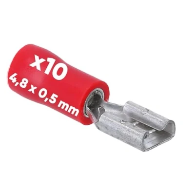Abbildung von 10 Stück Kalitec FHR485 Flachsteckhülsen rot 4,8x0,5 Kabelverbinder I 0,5 1,5mm² Steckverbinder teilisoliert Messing PVC Kragen für Kfz &amp; Industrie