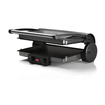 Abbildung von Bosch Tischgrill TCG4215, 3 in1 Kontaktgrill, Individuelle Temperaturregelung, Fettablaufrinne, Auflaufform, Herausnehmbare Aluminium Grillplatten, einfache Reinigung, 2000 W, silber