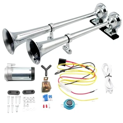 Abbildung von YIYIDA Lufthupe LKW Horn Autohupe Lautsprecher 12V Chrom Zink Elektrisches Car Air Trompete Silber High und Low Ton Doppelrohr mit Luftpumpe für Auto Moto Yacht etc