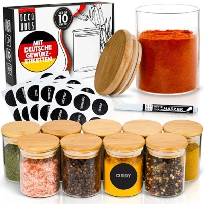 Abbildung von Deco haus® Gewürzgläser rund luftdicht mit Holzdeckel 10er Set [+Etiketten] Gewürzdosen Glas Gewürzbehälter Spice Jars Gewürze Aufbewahrung Behälter für Gewürzaufbewahrung