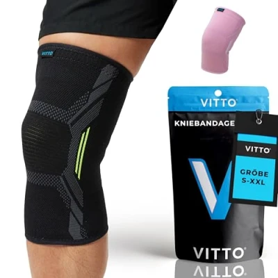 Abbildung von VITTO Kniebandage Männer/Damen Bandage Knie zur Linderung von Knieschmerzen, Arthrose Knie, Meniskus und Kraftsport (XL)