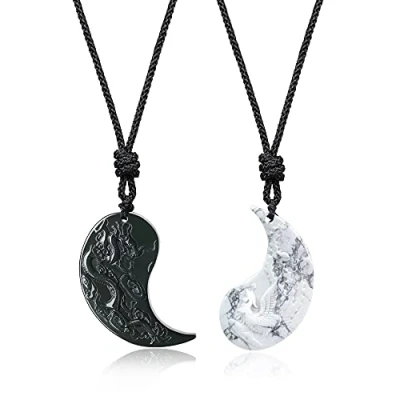 Abbildung von COAI Geschenkideen Ketten aus Obsidian und Howlith Drachen Phönix Gravur Anhänger Ying Yang