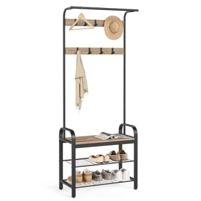 Abbildung von VASAGLE Garderobenständer, Garderobe, mit Schuhbank, 4 in 1 Design, 9 abnehmbare Haken, Kleiderstange, Eingangsbereich, Flur, 33,7 x 72 183 cm, Industrie Kamelbraun tintenschwarz HSR040K02