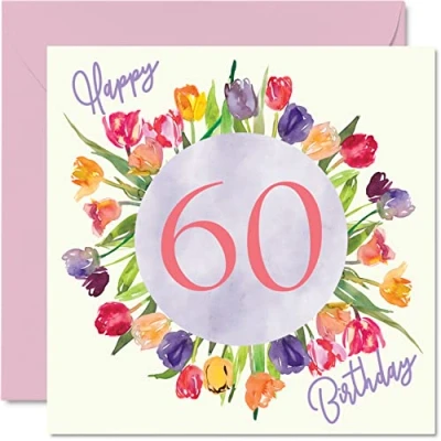 Abbildung von schöne Geburtstagskarte zum 60. Geburtstag für Frauen Aquarell Tulpen, Blumenstrauß Karte Ihre Oma, Mama, Geburtstagsgeschenke, 145 mm x mm, florale Grußkarten, Geschenk