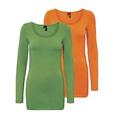 Abbildung von VERO MODA Damen VMMAXI My LS Soft Long U Neck GA 2P, Meadow Green/Sun Orange, XS