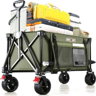 Abbildung von Overmont Faltbar Alle Gelände Bollerwagen 8,1CM Breite Räder 150I großes Fassungsvermögen mit Seitentaschen Getränkehalter Verstellbarem Griff bis 150 kg Tragkraft für Camping Sport Einkaufen