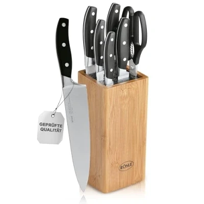 Abbildung von RÖSLE CUISINE Bürsten Messerblock, 7 tlg. Set: Bambusholzblock mit 5 scharfen Küchenmessern und einer Küchenschere, Klingenspezialstahl, Fingerschutz, scharfes Messerset für alle Schneidearbeiten