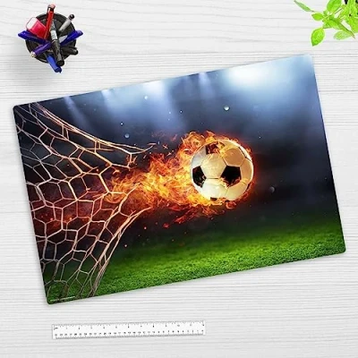 Abbildung von Schreibtischunterlage abwischbar für Kinder Flammender Fußball mit Feuerschweif 60 x 40 cm aus hochwertigem Vinyl Made in Germany