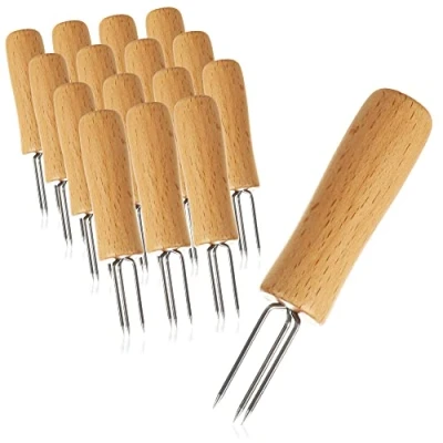 Abbildung von com four® 16x Pellkartoffel Gabel mit 3 Edelstahl Zinken, rostfrei, wiederverwendbar als Maisspieß, Schälhilfe (16 Stück Holz)